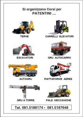 PATENTINO MULETTO, CARRELLO ELEVATORE, PIATTAFORMA AEREA, GRU, PALA MECCANICA, ESCAVATORE